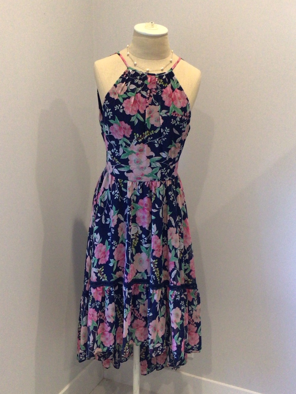 Eliza J Navy High-Low Halter Dress with Pink Floral